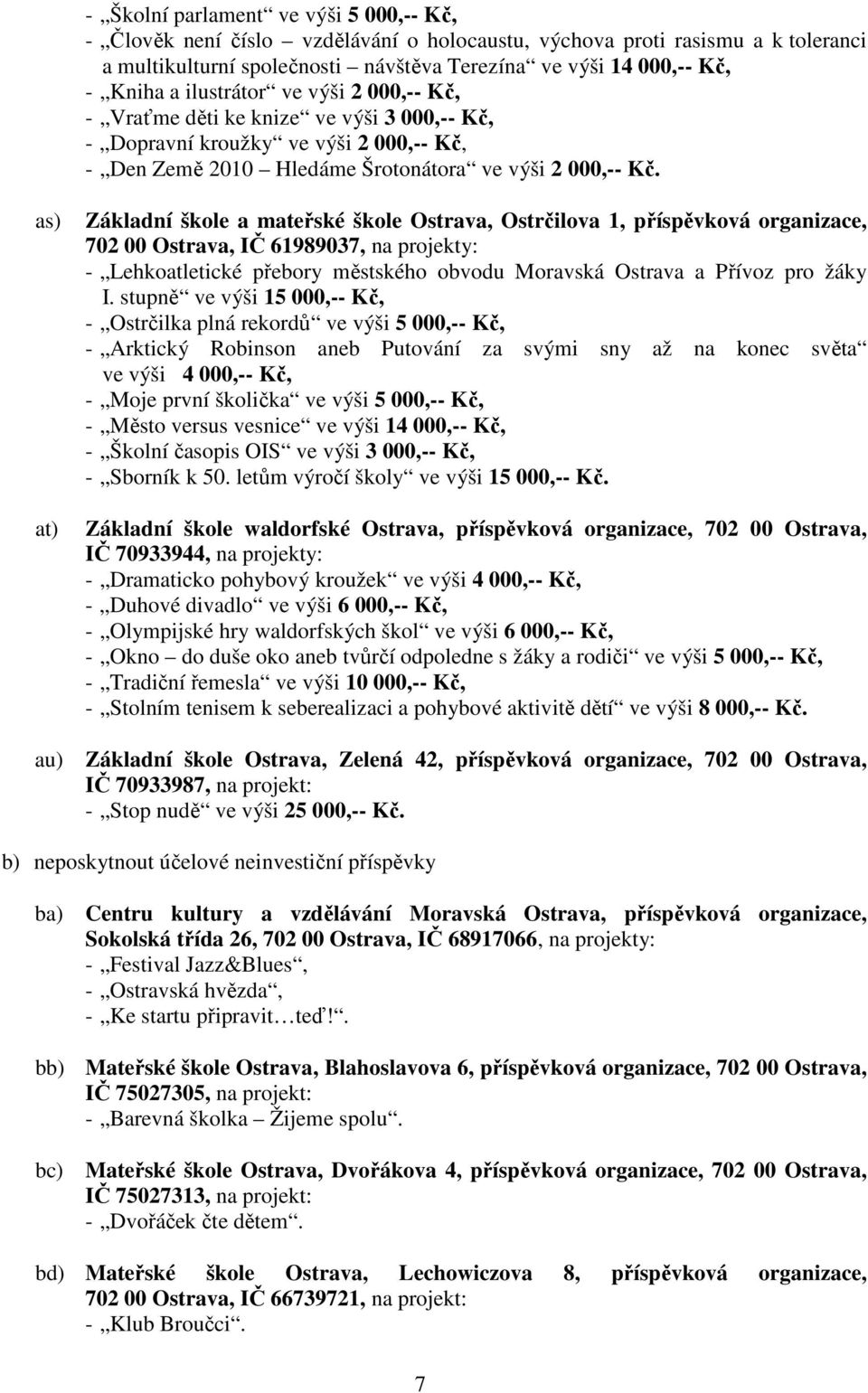 as) at) Základní škole a mateřské škole Ostrava, Ostrčilova 1, příspěvková organizace, 702 00 Ostrava, IČ 61989037, na projekty: - Lehkoatletické přebory městského obvodu Moravská Ostrava a Přívoz