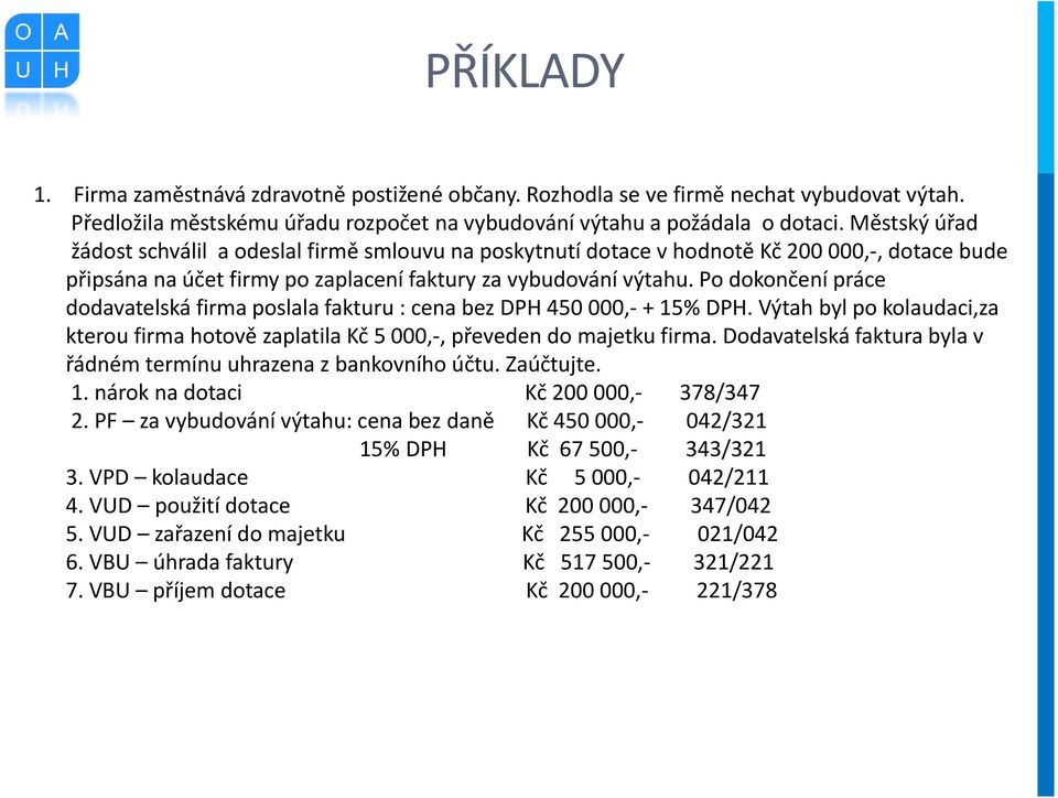 Po dokončení práce dodavatelská firma poslala fakturu : cena bez DPH 450 000,- + 15% DPH. Výtah byl po kolaudaci,za kterou firma hotově zaplatila Kč 5 000,-, převeden do majetku firma.