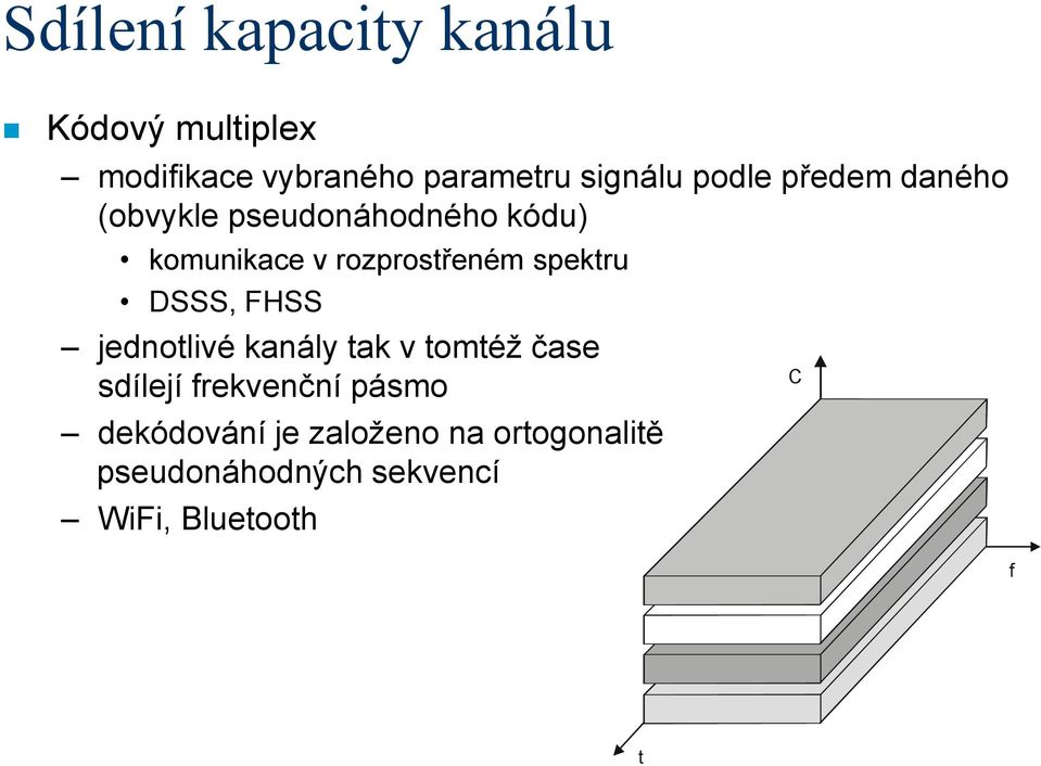 spektru DSSS, FHSS jednotlivé kanály tak v tomtéž čase sdílejí frekvenční pásmo