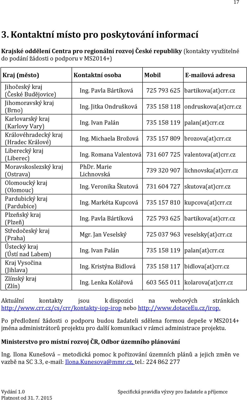 (Ostrava) Olomoucký kraj (Olomouc) Pardubický kraj (Pardubice) Plzeňský kraj (Plzeň) Středočeský kraj (Praha) Ústecký kraj (Ústí nad Labem) Kraj Vysočina (Jihlava) Zlínský kraj (Zlín) Ing.