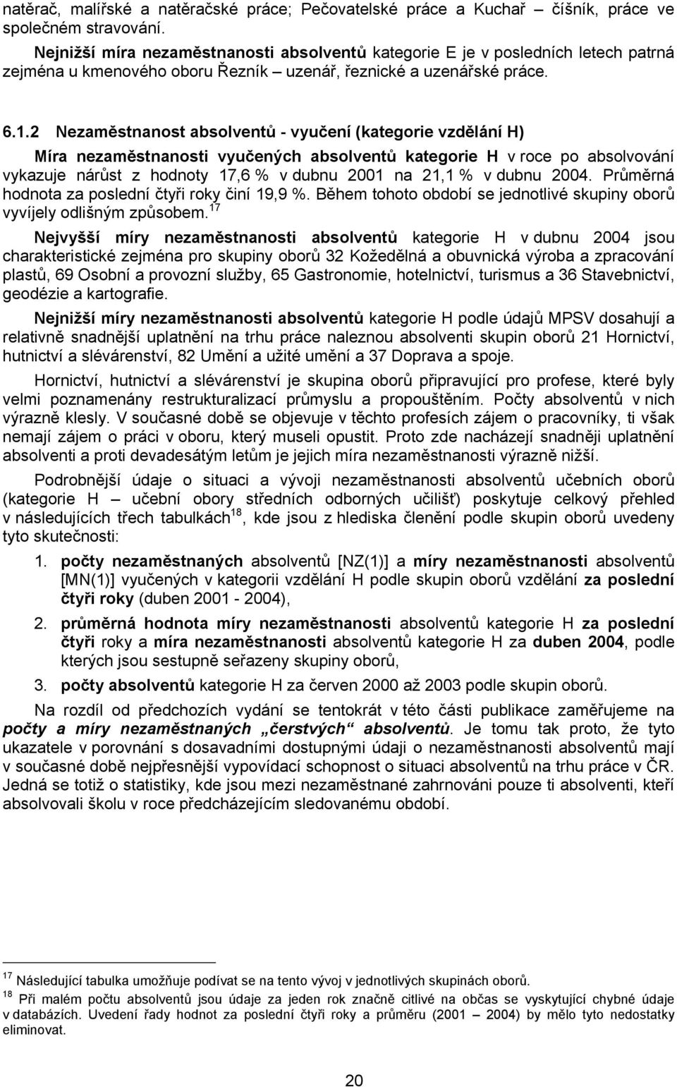 2 Nezaměstnanost absolventů - vyučení (kategorie vzdělání H) Míra nezaměstnanosti vyučených absolventů kategorie H v roce po absolvování vykazuje nárůst z hodnoty 17,6 % v dubnu 2001 na 21,1 % v