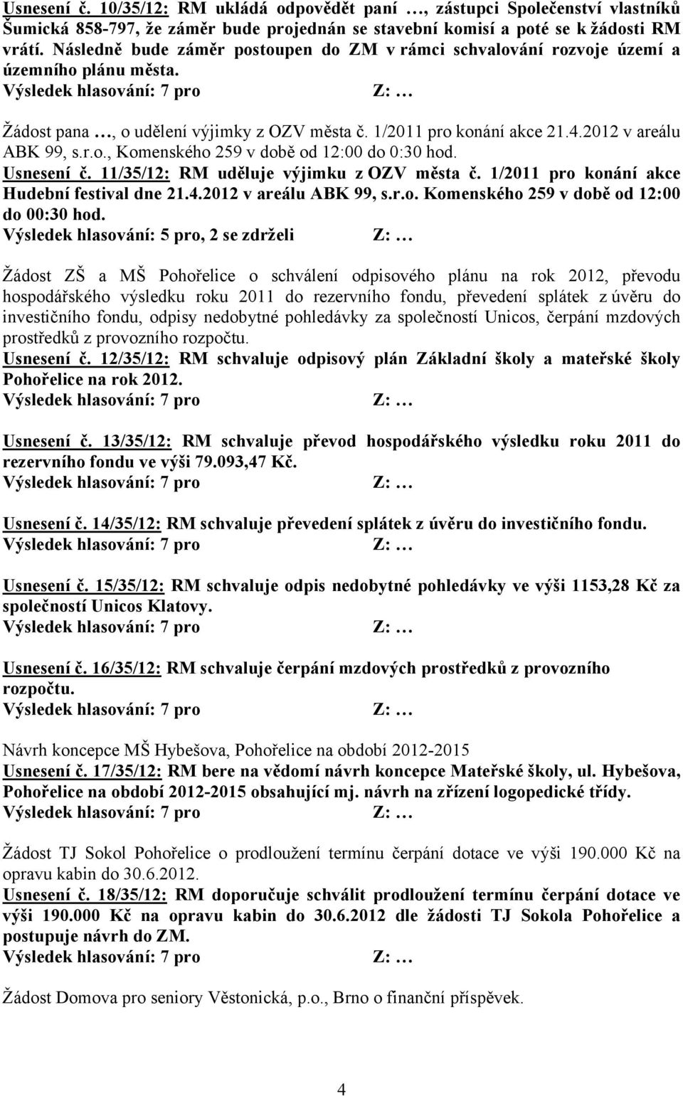 Usnesení č. 11/35/12: RM uděluje výjimku z OZV města č. 1/2011 pro konání akce Hudební festival dne 21.4.2012 v areálu ABK 99, s.r.o. Komenského 259 v době od 12:00 do 00:30 hod.