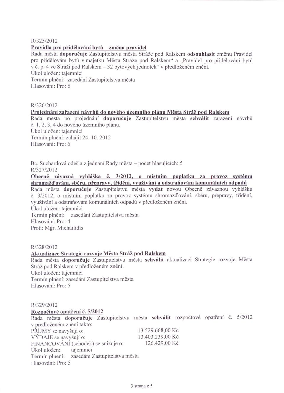 R/326/2012 Projednání zařazení návrhů do nového územního plánu Města Stráž pod Ralskem Rada města po projednání doporučuje Zastupitelstvu města schválit zařazení návrhů č.