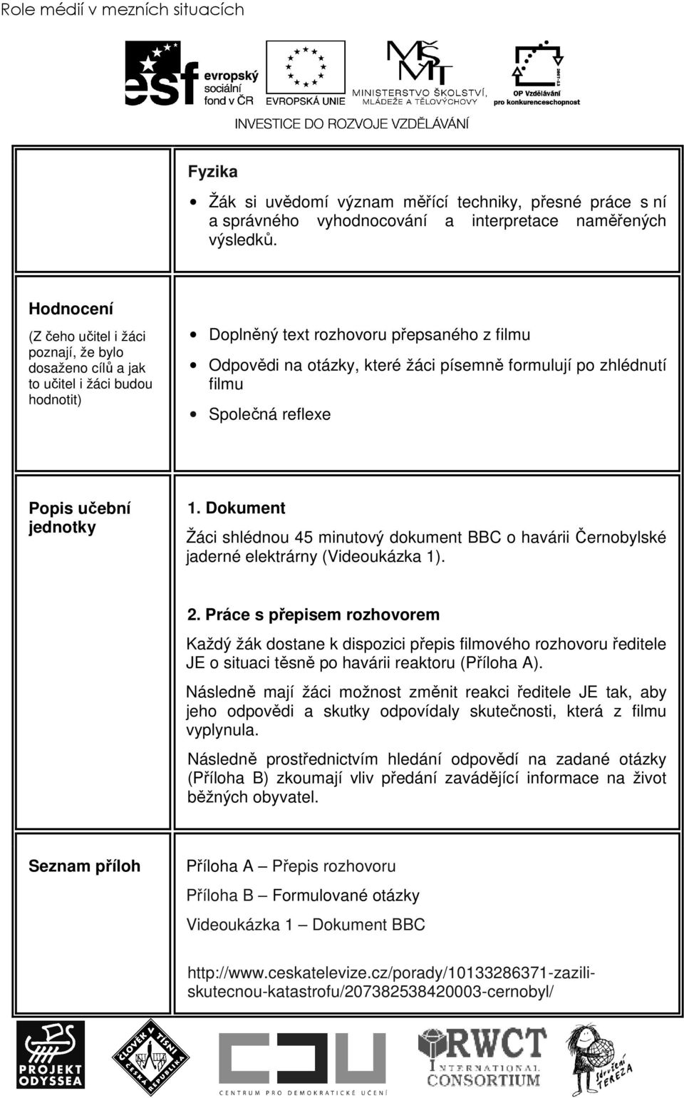 zhlédnutí filmu Společná reflexe Popis učební jednotky 1. Dokument Žáci shlédnou 45 minutový dokument BBC o havárii Černobylské jaderné elektrárny (Videoukázka 1). 2.