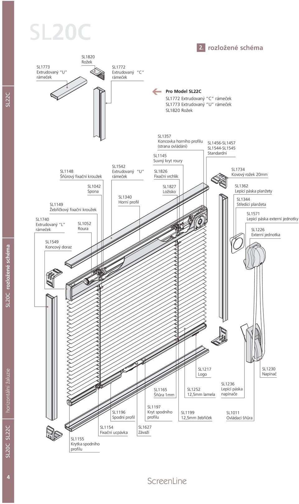 SL1149 Žebříčkový fixační kroužek SL17 Extrudovaný L rámeček SL1549 Koncový doraz SL1052 Roura SL1155 Krytka spodního profilu SL1542 Extrudovaný U rámeček SL13 Horní profil SL1196 Spodní profil