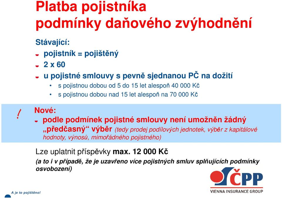 pojistné smlouvy není umožněn žádný předčasný výběr (tedy prodej podílových jednotek, výběr z kapitálové hodnoty, výnosů,