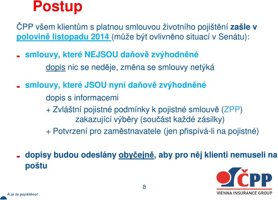 zvýhodněné dopis s informacemi + Zvláštní pojistné podmínky k pojistné smlouvě (ZPP) zakazující výběry (součást každé zásilky)