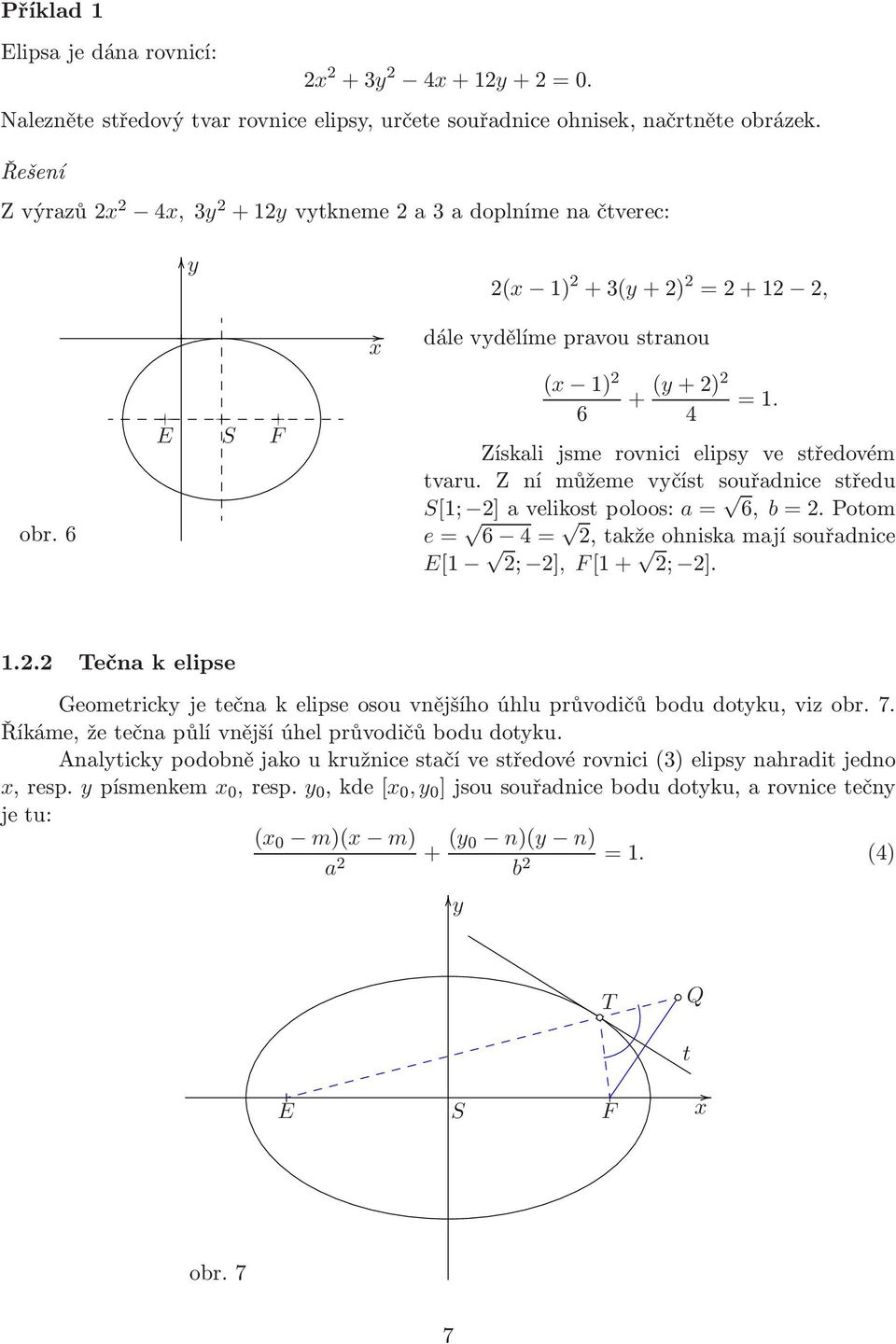 Z ní můžeme včíst souřadnice středu [1; 2]avelikostpoloos: a= 6, b=2.potom e= 6 4= 2,takžeohniskamajísouřadnice [1 2; 2], [1+ 2; 2]. 1.2.2 Tečna k elipse Geometrick je tečna k elipse osou vnějšího úhlu průvodičů bodu dotku, viz obr.