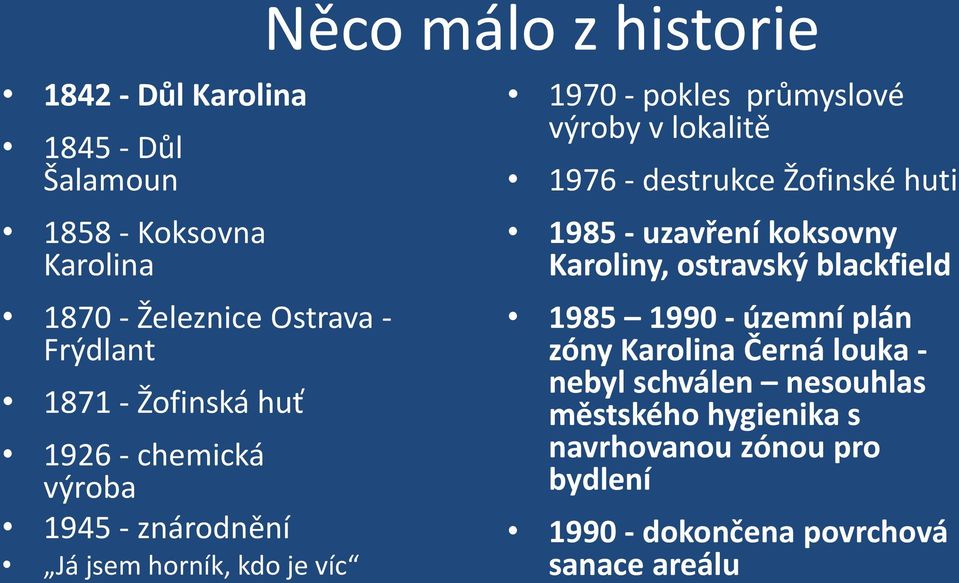 1976 - destrukce Žofinské huti 1985 - uzavření koksovny Karoliny, ostravský blackfield 1985 1990 - územní plán zóny Karolina