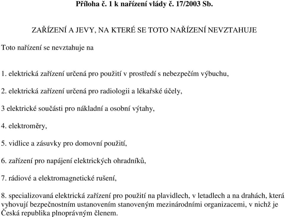 elektrická zařízení určená pro radiologii a lékařské účely, 3 elektrické součásti pro nákladní a osobní výtahy, 4. elektroměry, 5.