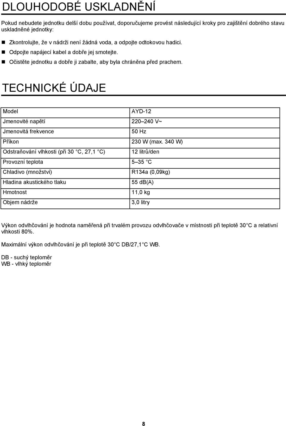 TECHNICKÉ ÚDAJE Model AYD-12 Jmenovité napětí 220 240 V~ Jmenovitá frekvence 50 Hz Příkon 230 W (max.