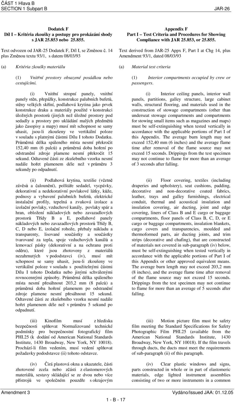 Text derived from JAR-25 Appx F, Part I at Chg 14, plus Amendment 93/1, dated 08/03/93 (a) Kritéria zkoušky materiálu (a) Material test criteria (1) Vnitřní prostory obsazené posádkou nebo