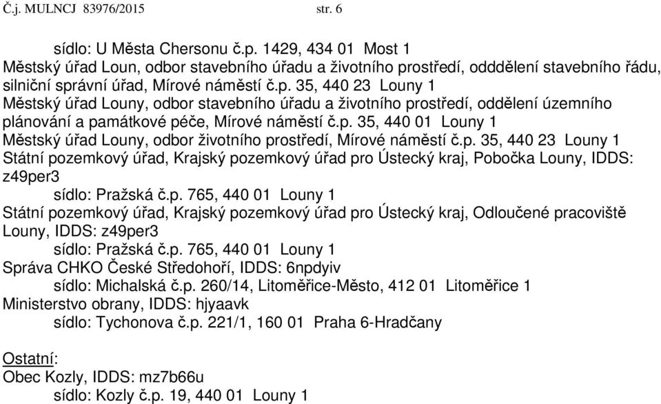ostředí, odddělení stavebního řádu, silniční správní úřad, Mírové náměstí č.p. 35, 440 23 Louny 1 Městský úřad Louny, odbor stavebního úřadu a životního prostředí, oddělení územního plánování a památkové péče, Mírové náměstí č.