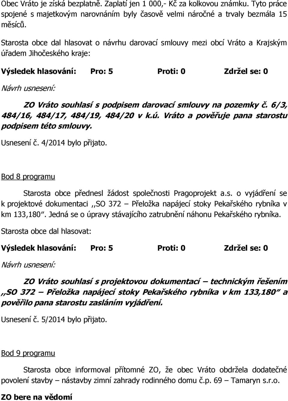 6/3, 484/16, 484/17, 484/19, 484/20 v k.ú. Vráto a pověřuje pana starostu podpisem této smlouvy. Usnesení č. 4/2014 bylo přijato.