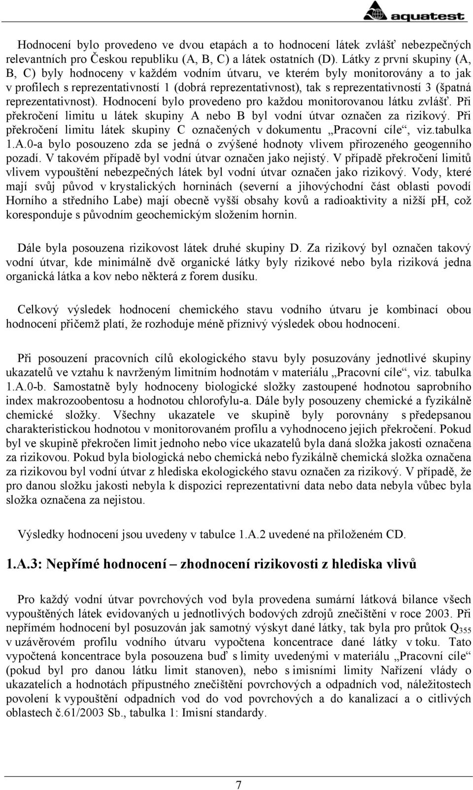 (špatná reprezentativnost). Hodnocení bylo provedeno pro každou monitorovanou látku zvlášť. Při překročení limitu u látek skupiny A nebo B byl vodní útvar označen za rizikový.