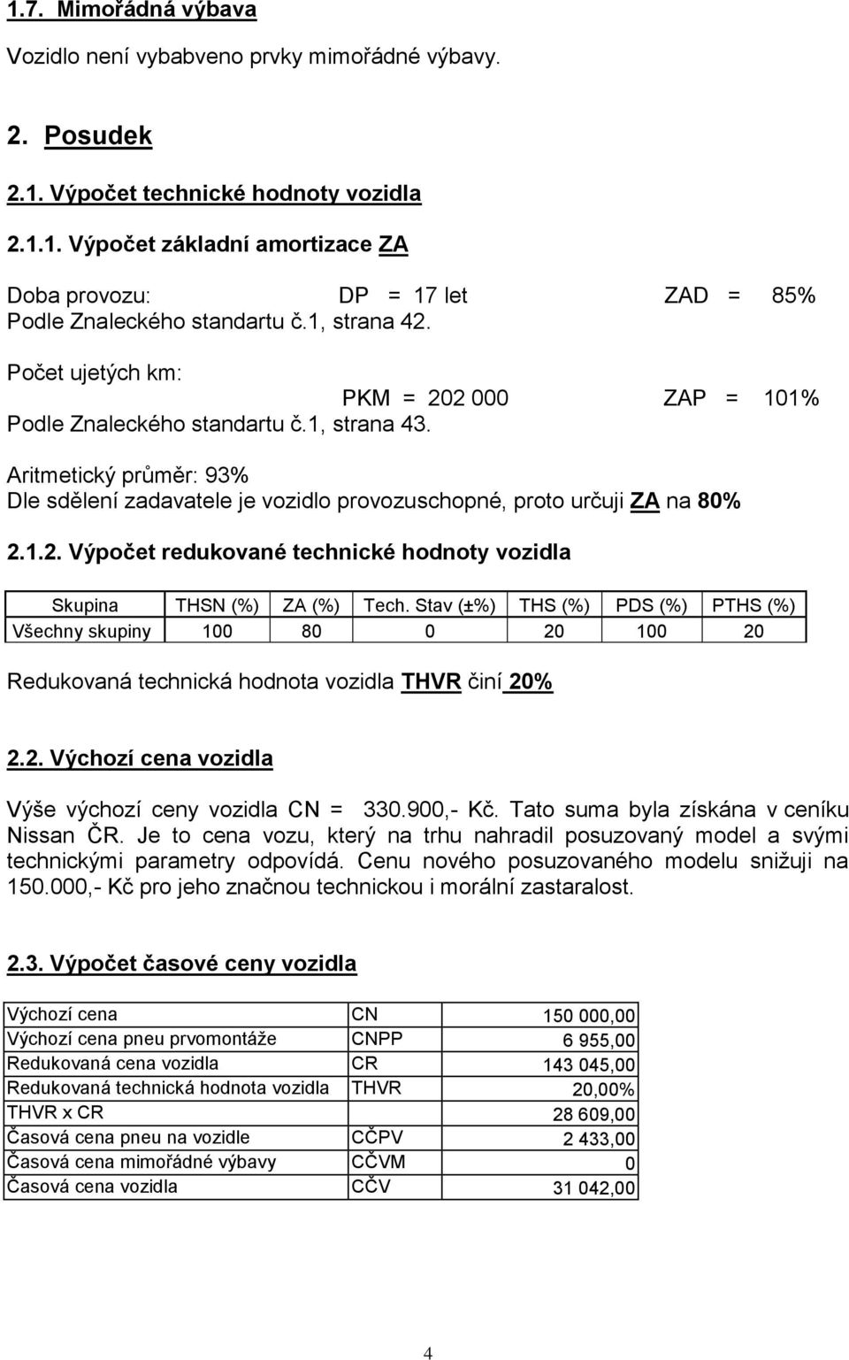 1.2. Výpočet redukované technické hodnoty vozidla Skupina THSN (%) ZA (%) Tech.