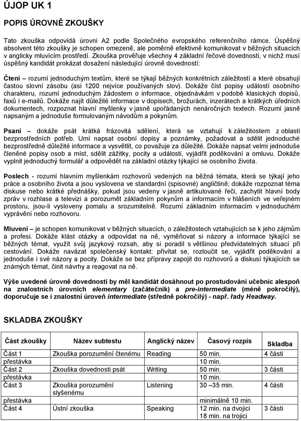 Zkouška prověřuje všechny 4 základní řečové dovednosti, v nichž musí úspěšný kandidát prokázat dosažení následující úrovně dovedností: Čtení rozumí jednoduchým textům, které se týkají běžných