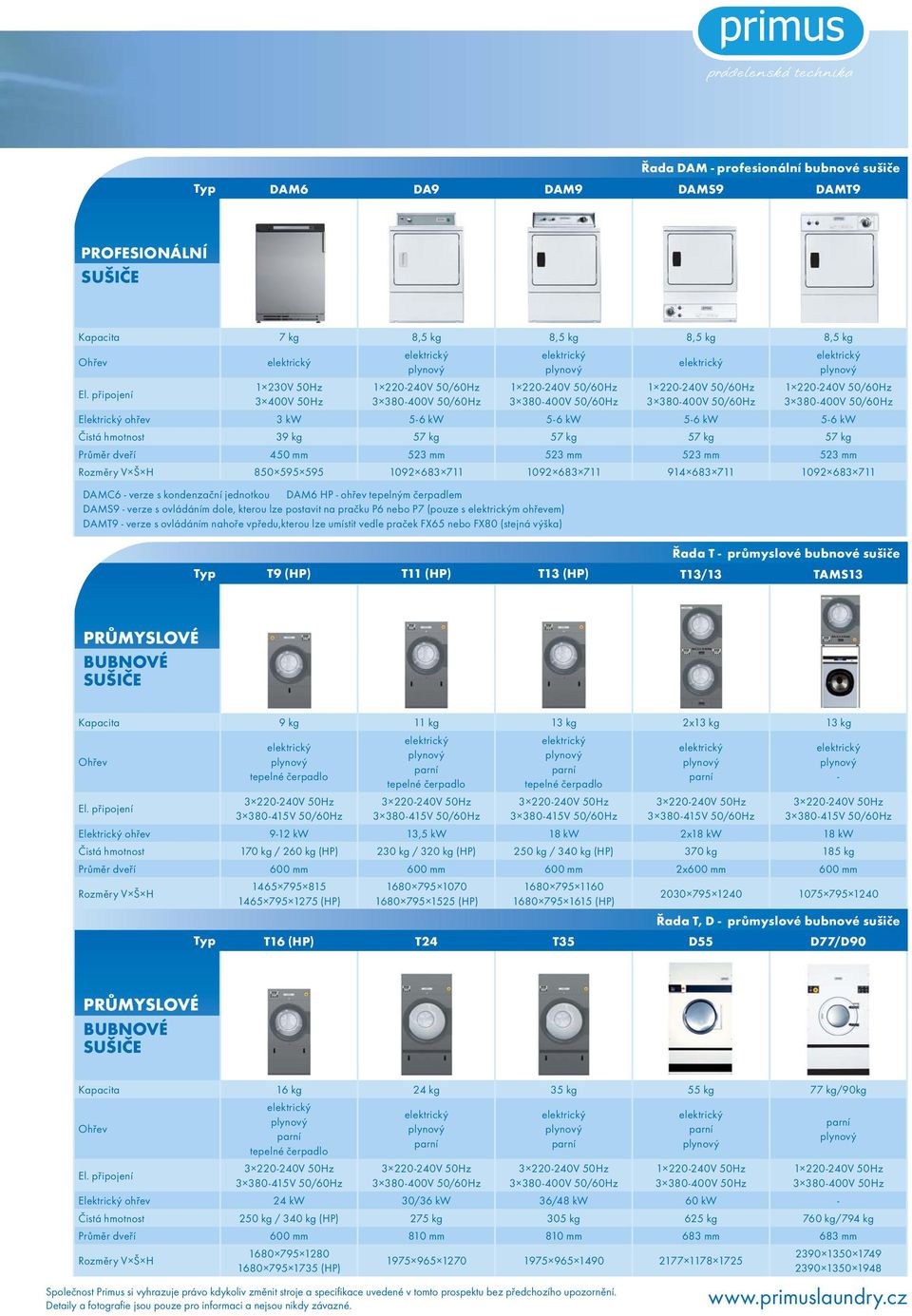 kondenzační jednotkou DAM6 HP - ohřev tepelným čerpadlem DAMS9 - verze s ovládáním dole, kterou lze postavit na pračku P6 nebo P7 (pouze s m ohřevem) DAMT9 - verze s ovládáním nahoře vpředu,kterou