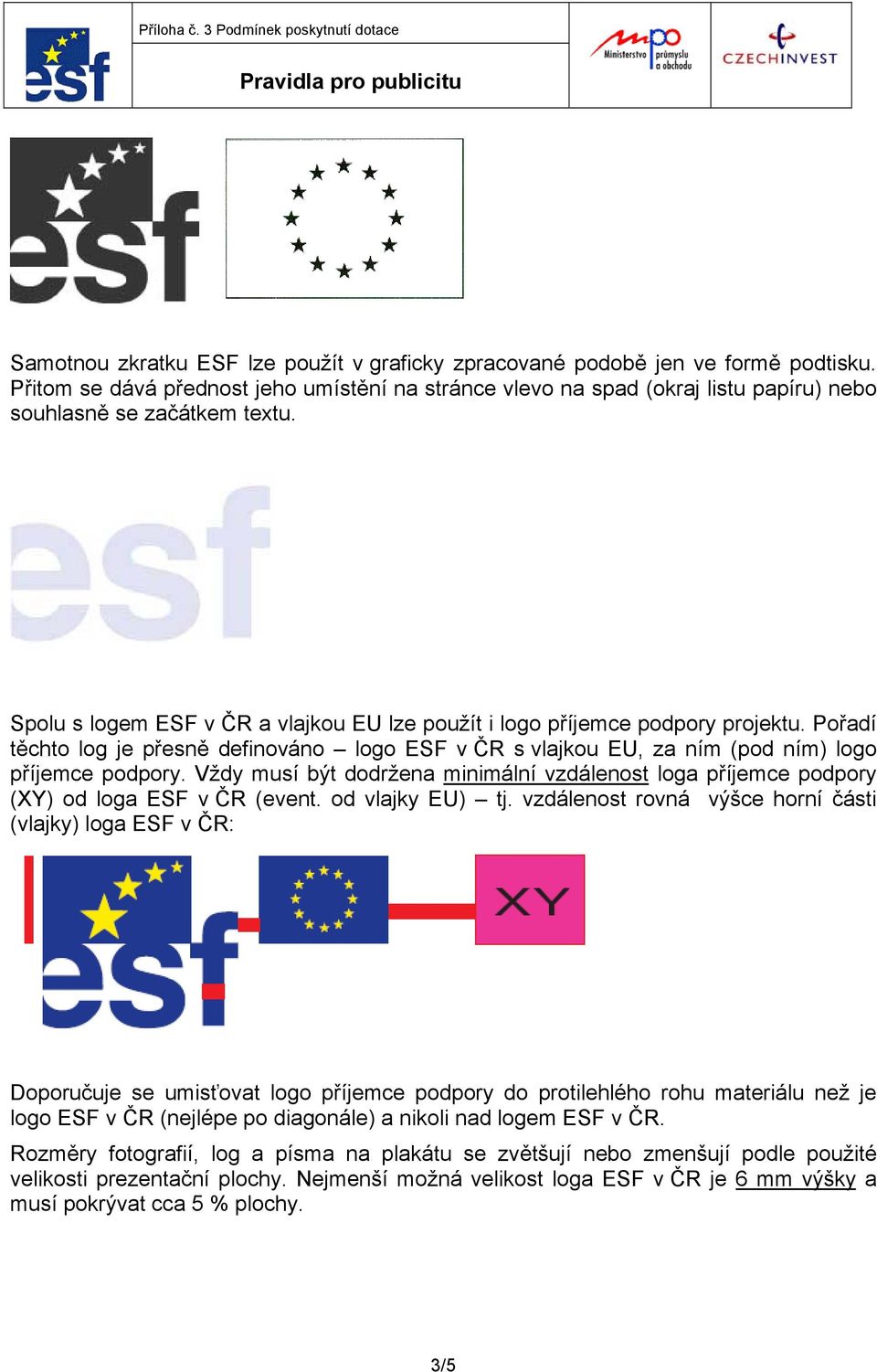 Pořadí těchto log je přesně definováno logo ESF v ČR s vlajkou EU, za ním (pod ním) logo příjemce podpory.