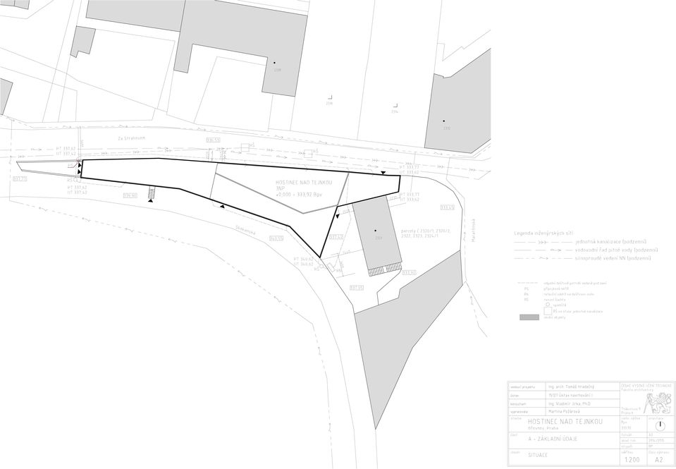 kanalizace (podzemní) vodovodní řad pitné vody (podzemní) silnoproudé vedení NN (podzemní) 337,05 PS RN RŠ odpadní dešťové potrubí vedené pod zemí přípojková skříň retenční nádrž na dešťovou vodu