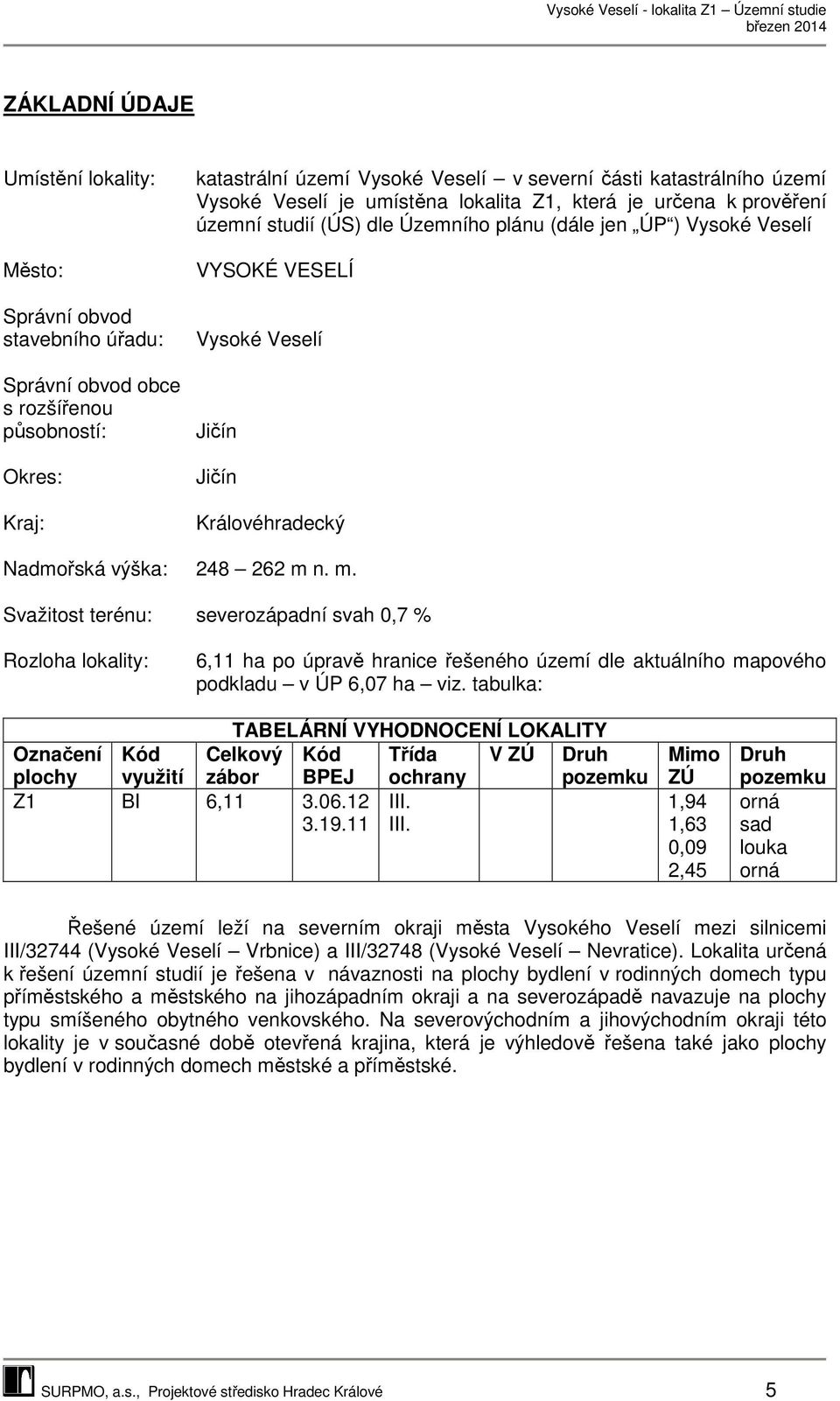 výška: 248 262 m n. m. Svažitost terénu: severozápadní svah 0,7 % Rozloha lokality: 6,11 ha po úpravě hranice řešeného území dle aktuálního mapového podkladu v ÚP 6,07 ha viz.