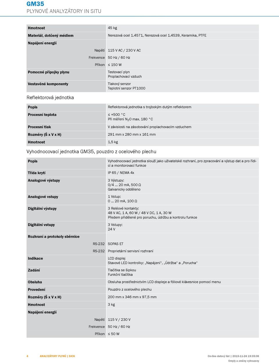 4539, Keramika, PTFE 115 V C / 230 V C 50 Hz / 60 Hz 150 W Testovací plyn Proplachovací vzduch Tlakový senzor Teplotní senzor PT1000 Reflektorová jednotka s trojbokým dutým reflektorem Procesní