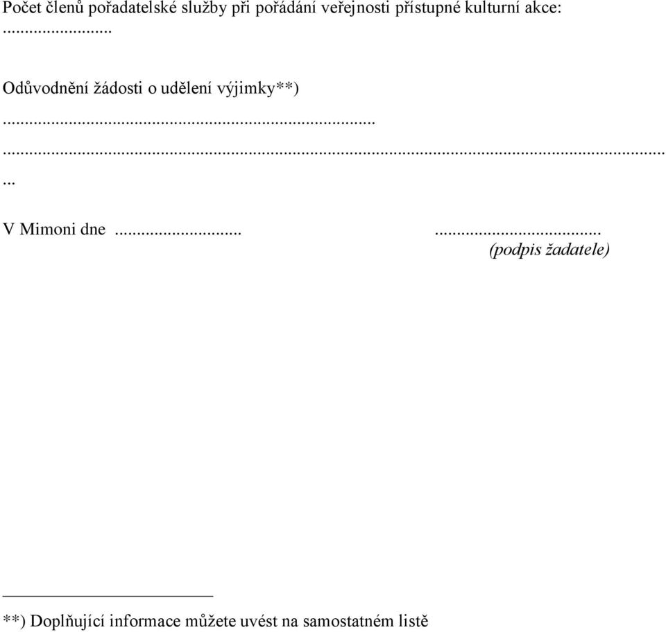 .. Odůvodnění žádosti o udělení výjimky**)...... V Mimoni dne.