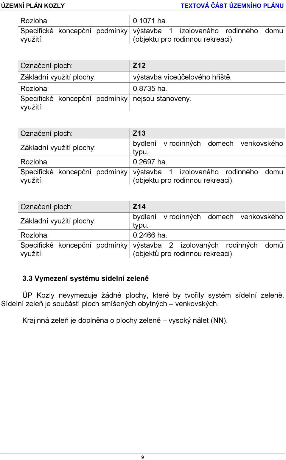 Označení ploch: Základní využití plochy: Rozloha: Specifické koncepční podmínky využití: Z13 bydlení v rodinných domech venkovského typu. 0,2697 ha.