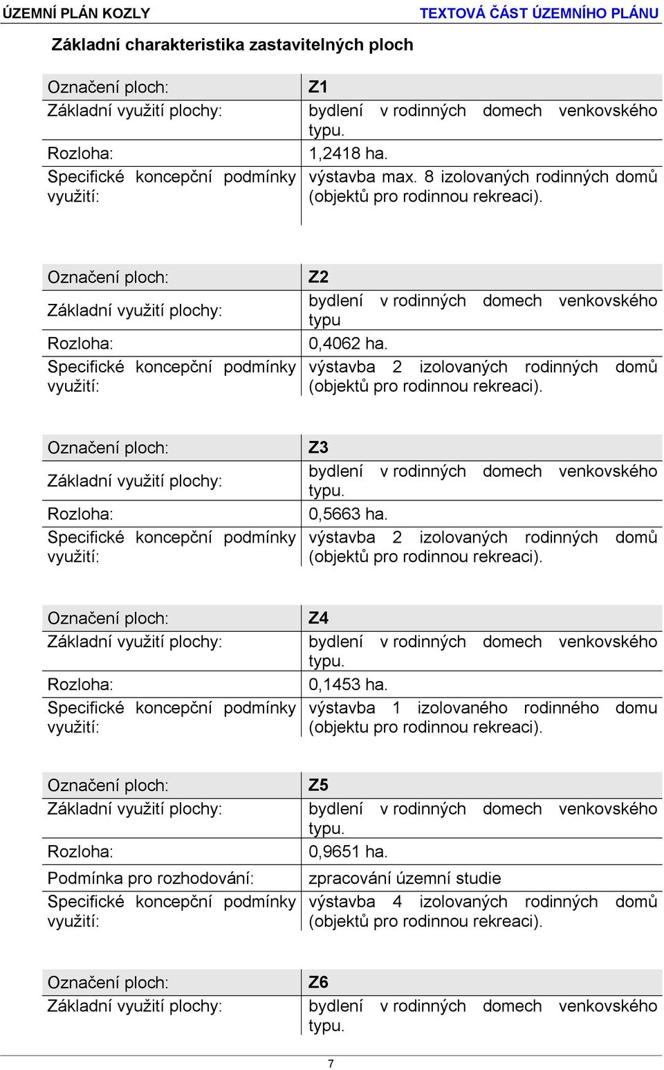 Označení ploch: Základní využití plochy: Rozloha: Specifické koncepční podmínky využití: Z2 bydlení v rodinných domech venkovského typu 0,4062 ha.