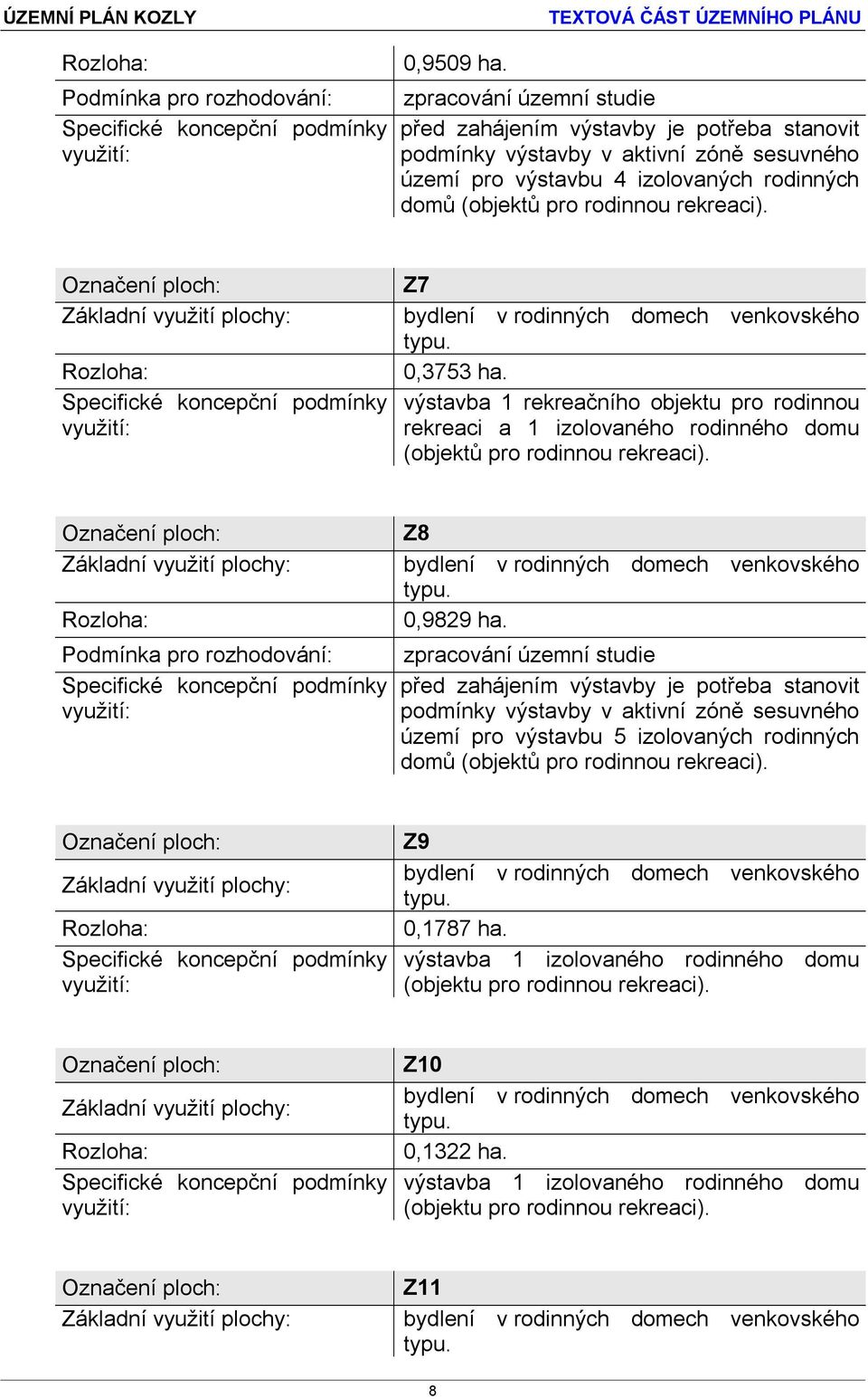 Označení ploch: Základní využití plochy: Rozloha: Specifické koncepční podmínky využití: Z7 bydlení v rodinných domech venkovského typu. 0,3753 ha.