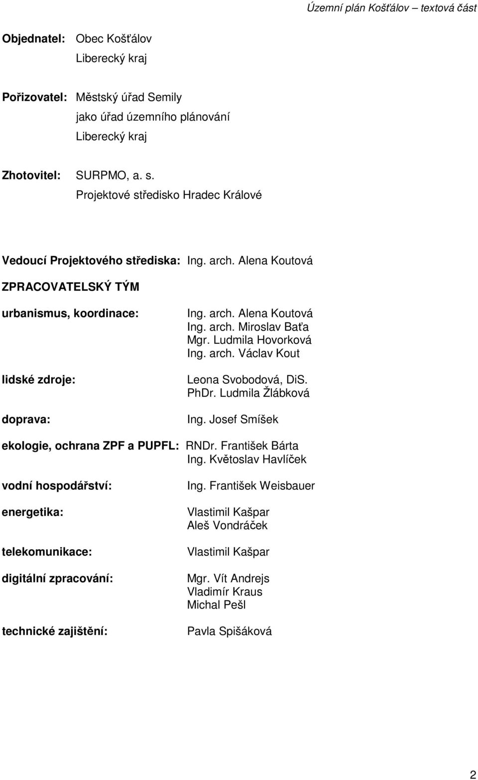 arch. Miroslav Baťa Mgr. Ludmila Hovorková Ing. arch. Václav Kout Leona Svobodová, DiS. PhDr. Ludmila Žlábková Ing. Josef Smíšek ekologie, ochrana ZPF a PUPFL: RNDr. František Bárta Ing.