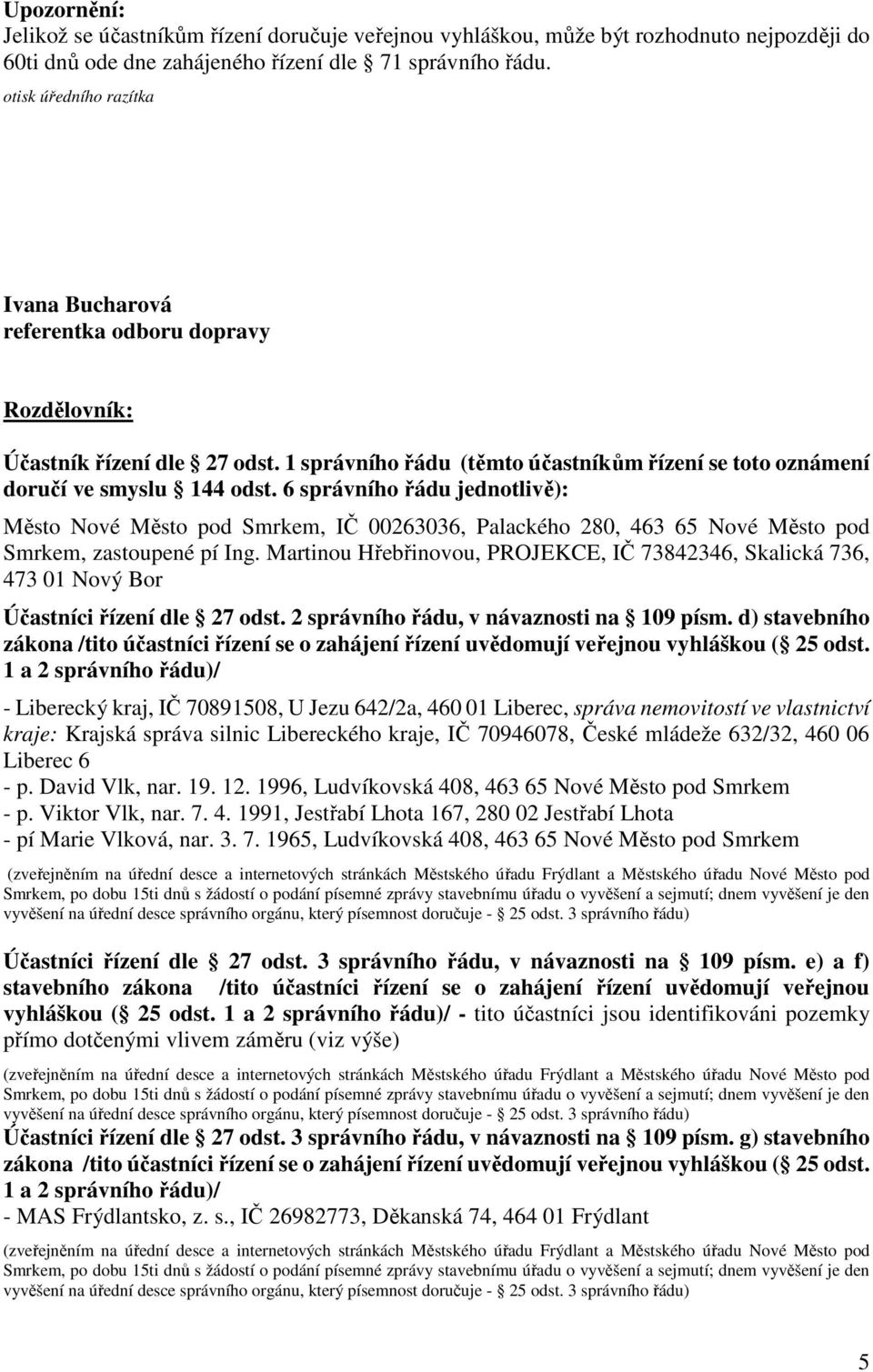 6 správního řádu jednotlivě): Město Nové Město pod Smrkem, IČ 00263036, Palackého 280, 463 65 Nové Město pod Smrkem, zastoupené pí Ing.