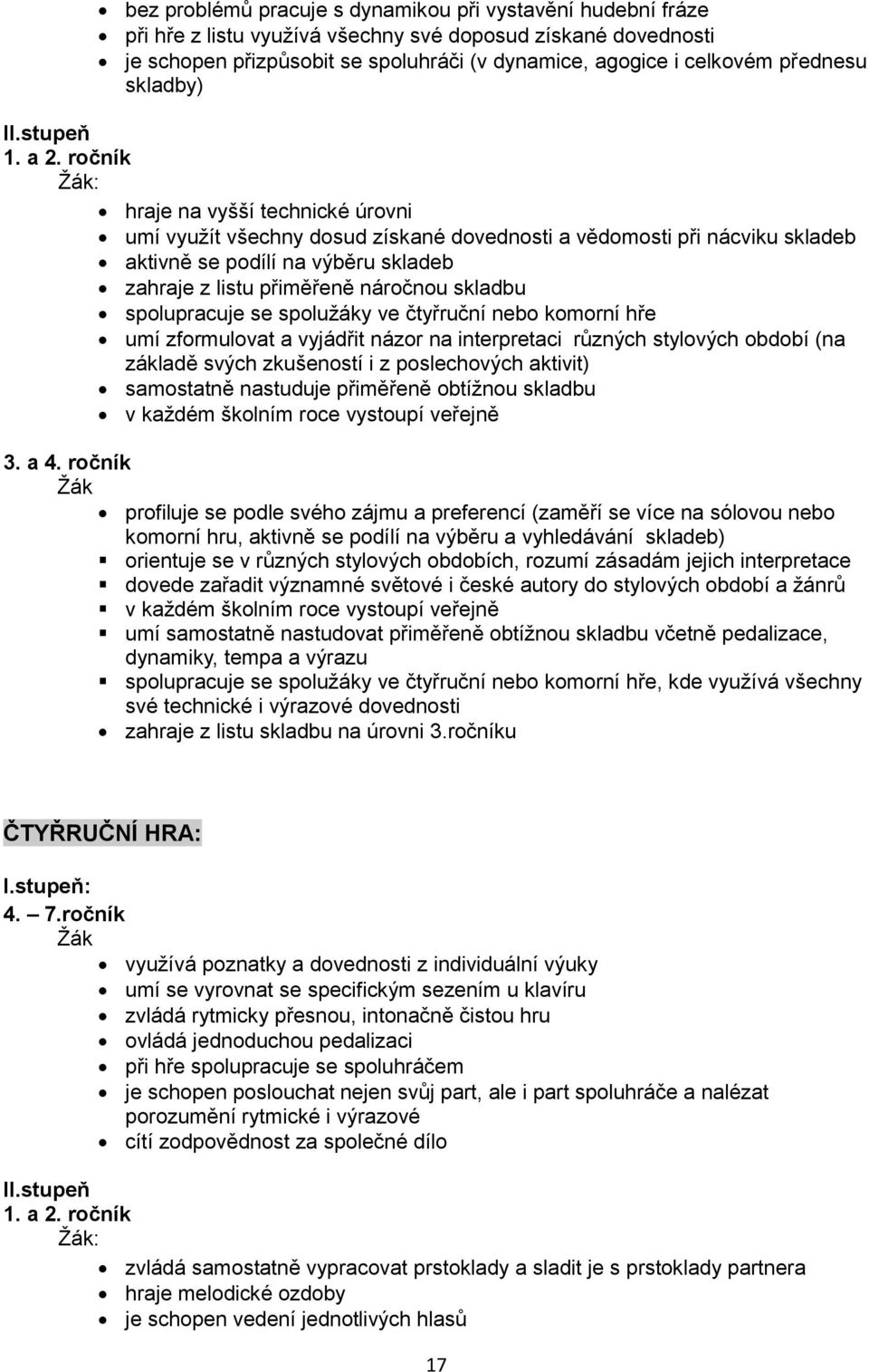 ročník hraje na vyšší technické úrovni umí využít všechny dosud získané dovednosti a vědomosti při nácviku skladeb aktivně se podílí na výběru skladeb zahraje z listu přiměřeně náročnou skladbu