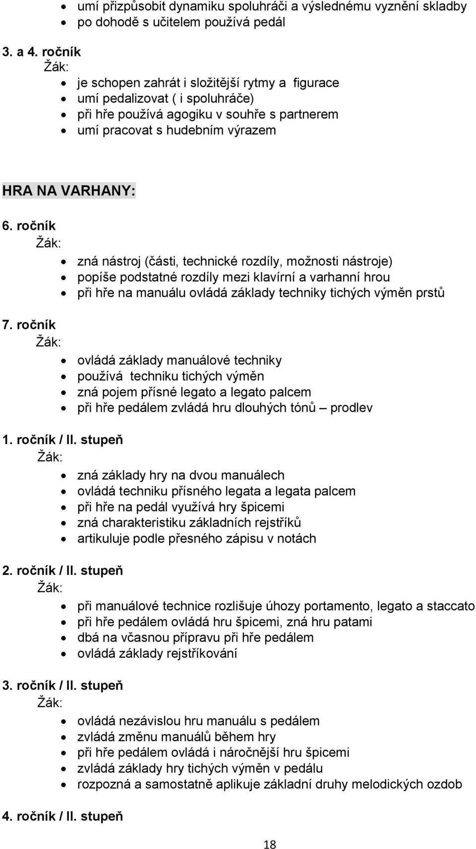 ročník zná nástroj (části, technické rozdíly, možnosti nástroje) popíše podstatné rozdíly mezi klavírní a varhanní hrou při hře na manuálu ovládá základy techniky tichých výměn prstů 7.