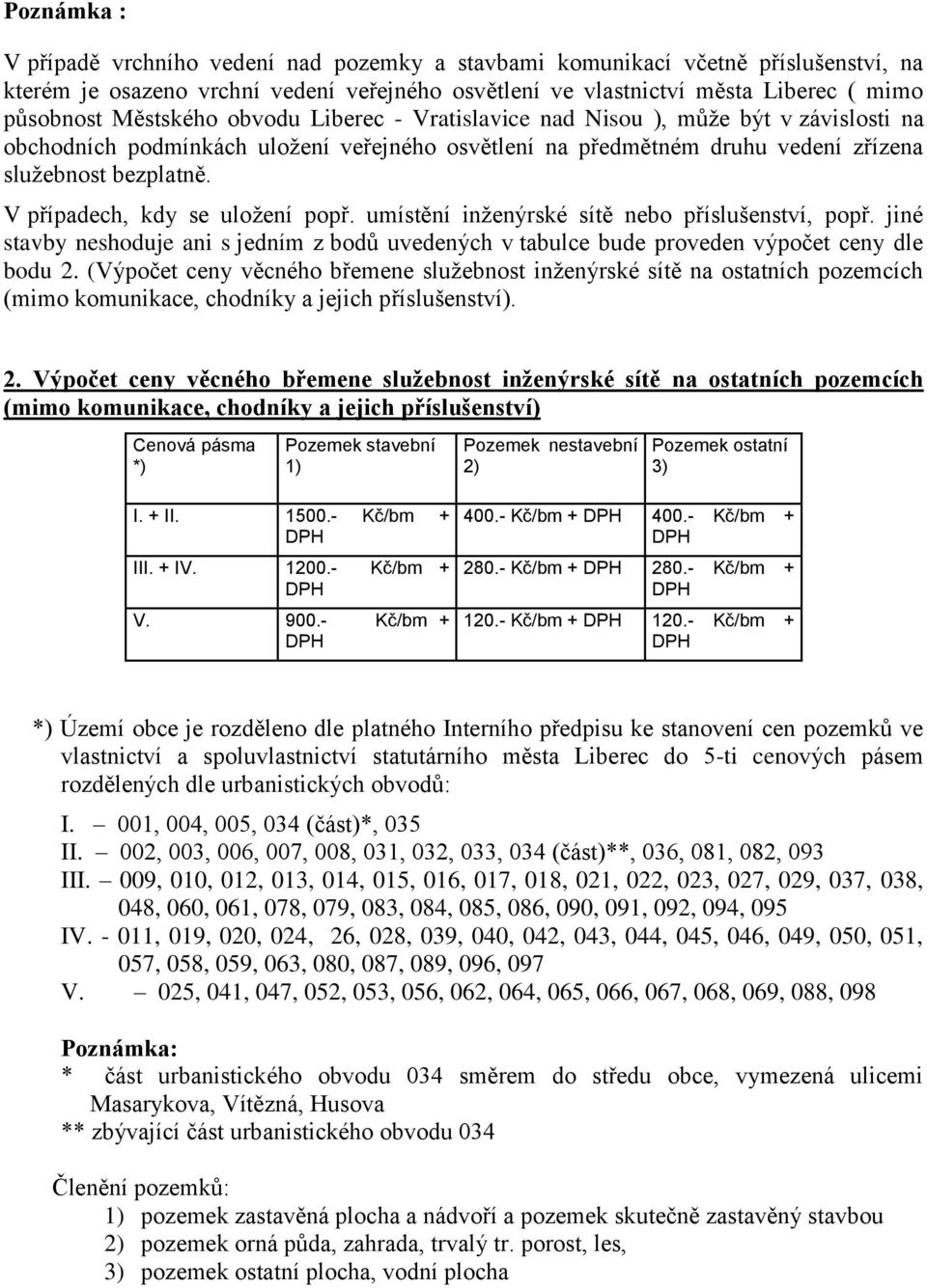 umístění inženýrské sítě nebo příslušenství, popř. jiné stvby neshoduje ni s jedním z bodů uvedených v tbulce bude proveden výpočet ceny dle bodu 2.