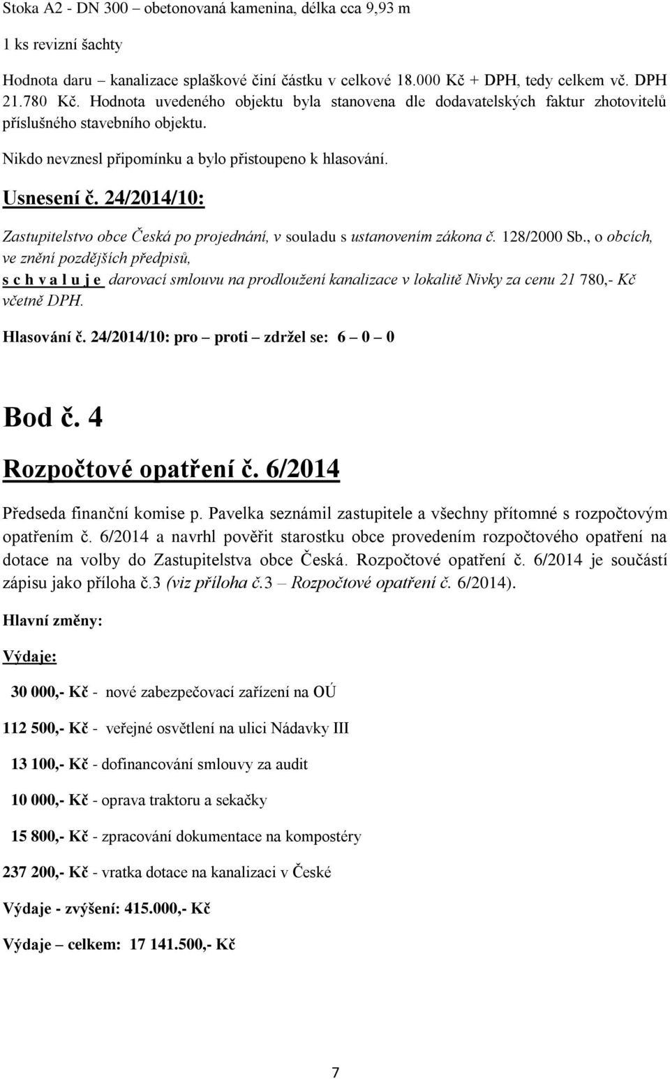 24/2014/10: s c h v a l u j e darovací smlouvu na prodloužení kanalizace v lokalitě Nivky za cenu 21 780,- Kč včetně DPH. Hlasování č. 24/2014/10: pro proti zdržel se: 6 0 0 Bod č.