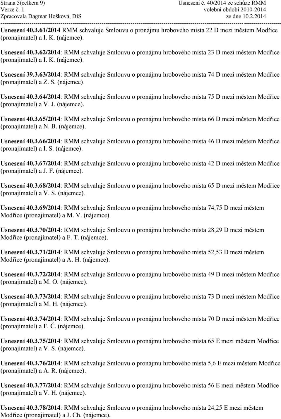 J. (nájemce). Usnesení 40.3.65/2014: RMM schvaluje Smlouvu o pronájmu hrobového místa 66 D mezi městem Modřice (pronajímatel) a N. B. (nájemce). Usnesení 40.3.66/2014: RMM schvaluje Smlouvu o pronájmu hrobového místa 46 D mezi městem Modřice (pronajímatel) a I.