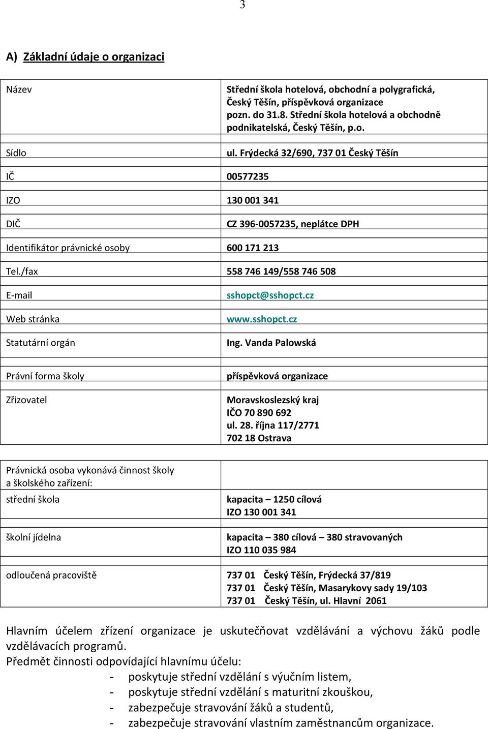 Frýdecká 32/690, 737 01 Český Těšín IČ 00577235 IZO 130 001 341 DIČ CZ 396-0057235, neplátce DPH Identifikátor právnické osoby 600 171 213 Tel.