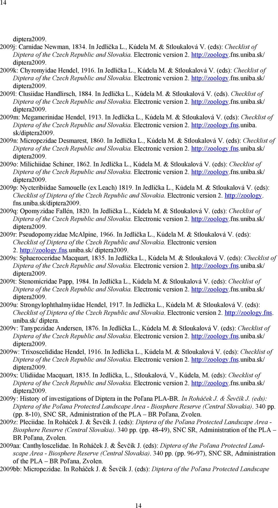 Electronic version 2. http://zoology.fns.uniba. sk/ 2009n: Micropezidae Desmarest, 1860. In Jedlička L., Kúdela M. & Stloukalová V. (eds): Checklist of 2009o: Milichiidae Schiner, 1862. In Jedlička L., Kúdela M. & Stloukalová V. (eds): Checklist of 2009p: Nycteribiidae Samouelle (ex Leach) 1819.