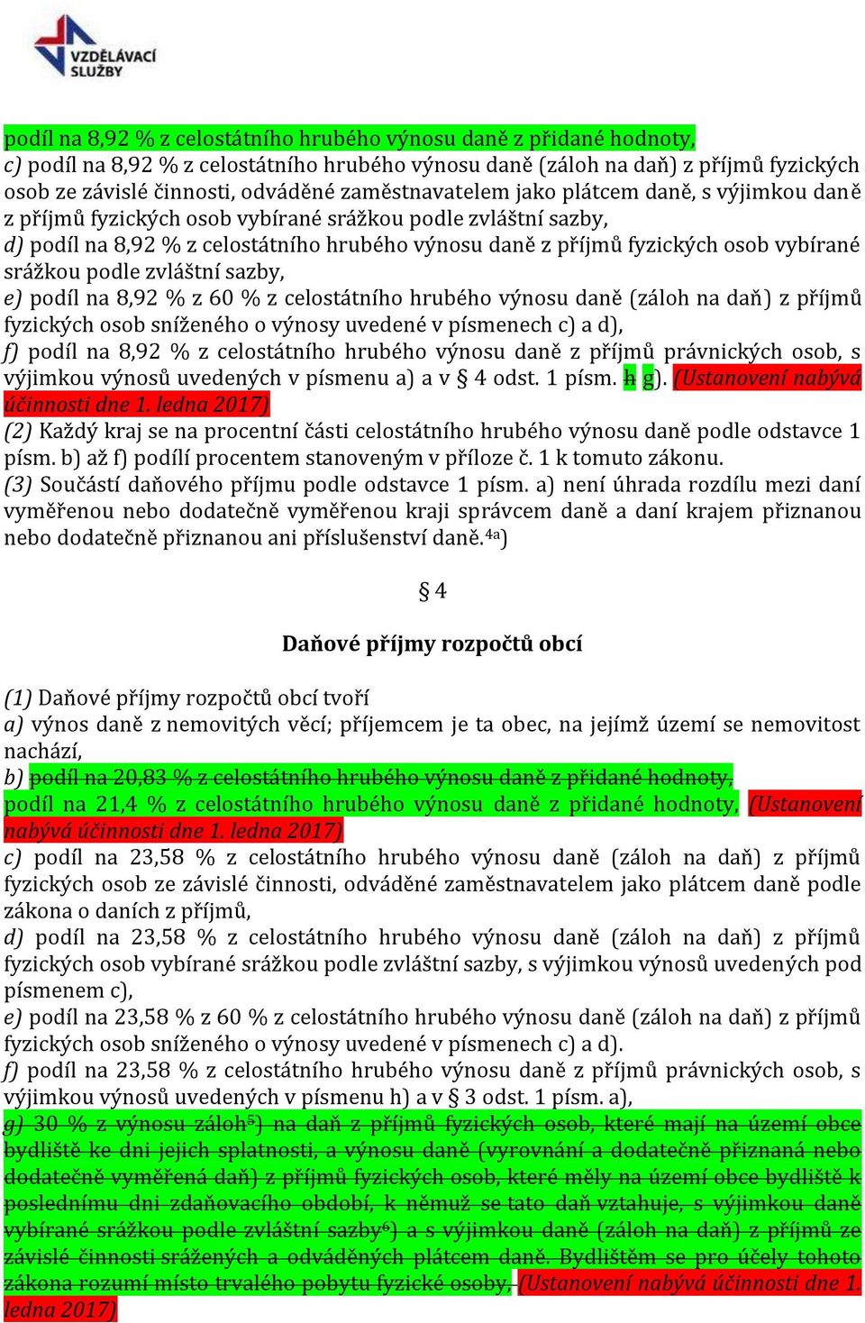 vybírané srážkou podle zvláštní sazby, e) podíl na 8,92 % z 60 % z celostátního hrubého výnosu daně (záloh na daň) z příjmů fyzických osob sníženého o výnosy uvedené v písmenech c) a d), f) podíl na