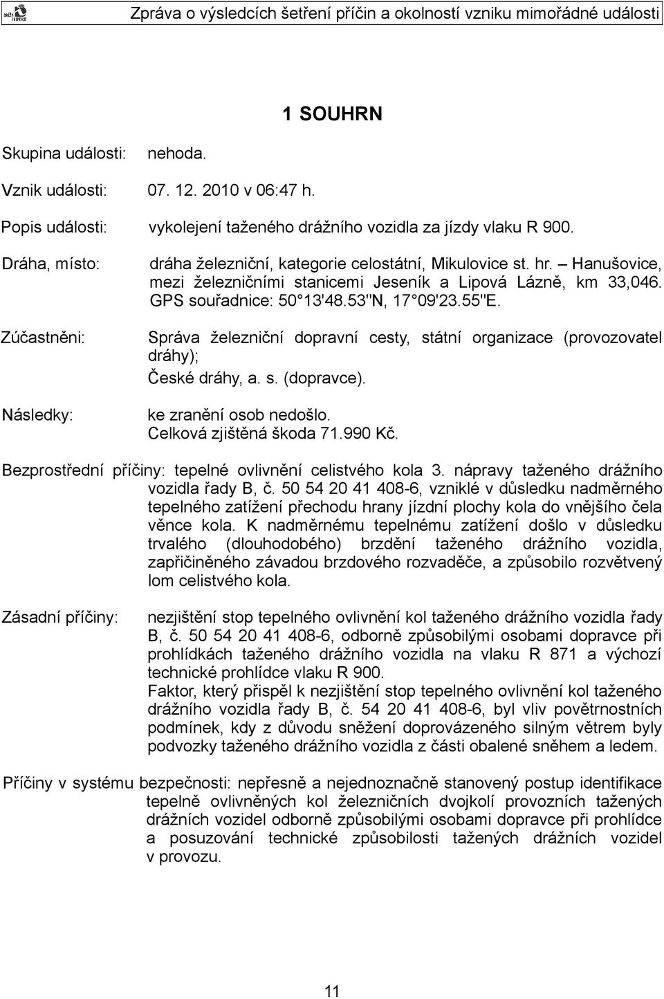 53"N, 17 09'23.55"E. Správa železniční dopravní cesty, státní organizace (provozovatel dráhy); České dráhy, a. s. (dopravce). ke zranění osob nedošlo. Celková zjištěná škoda 71.990 Kč.