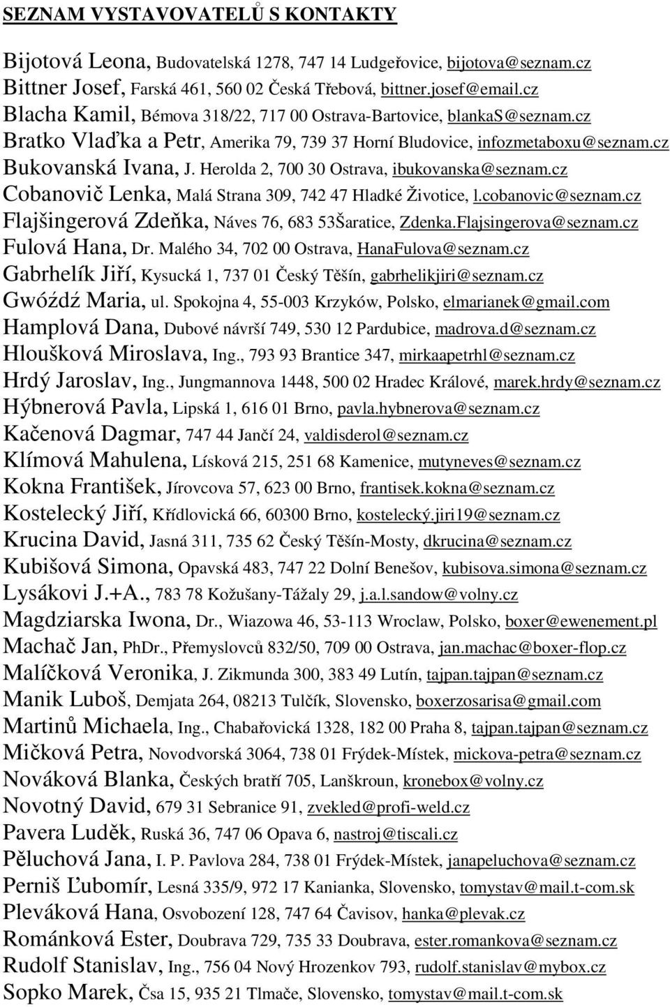 Herolda 2, 700 30 Ostrava, ibukovanska@seznam.cz Cobanovi Lenka, Malá Strana 309, 742 47 Hladké Životice, l.cobanovic@seznam.cz Flajšingerová Zde ka, Náves 76, 683 53Šaratice, Zdenka.