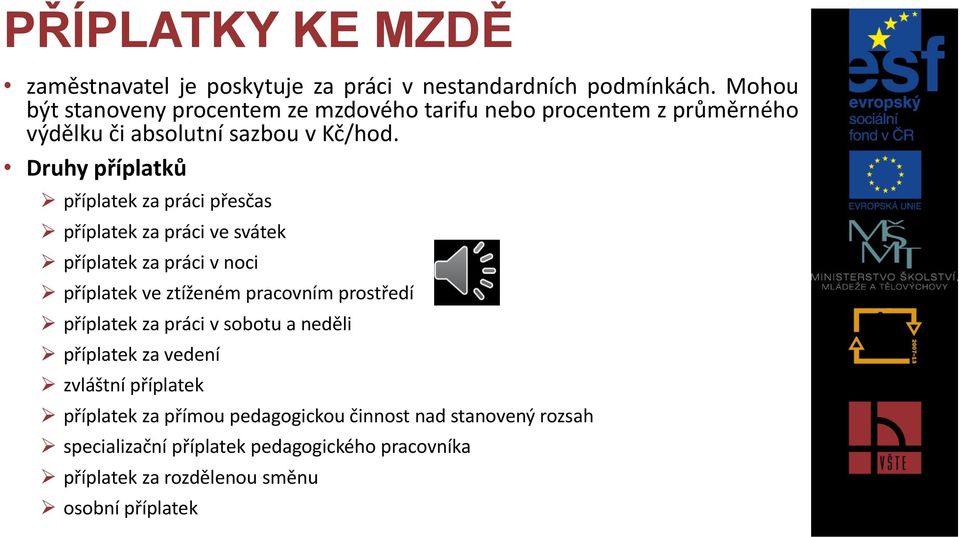 Druhy příplatků příplatek za práci přesčas příplatek za práci ve svátek příplatek za práci v noci příplatek ve ztíženém pracovním prostředí