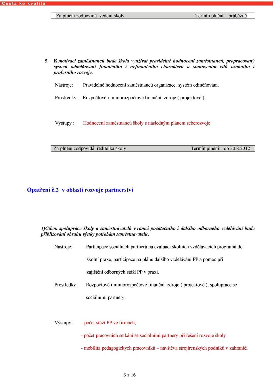 Pravidelné hodnocení zaměstnanců organizace, systém odměňování. Rozpočtové i mimorozpočtové finanční zdroje ( projektové ).