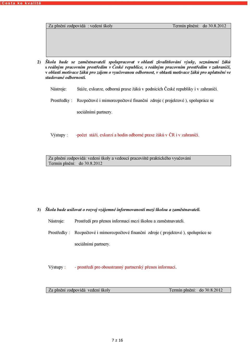 oblasti motivace žáků pro zájem o vyučovanou odbornost, v oblasti motivace žáků pro uplatnění ve studované odbornosti. Stáže, exkurze, odborná praxe žáků v podnicích České republiky i v zahraničí.