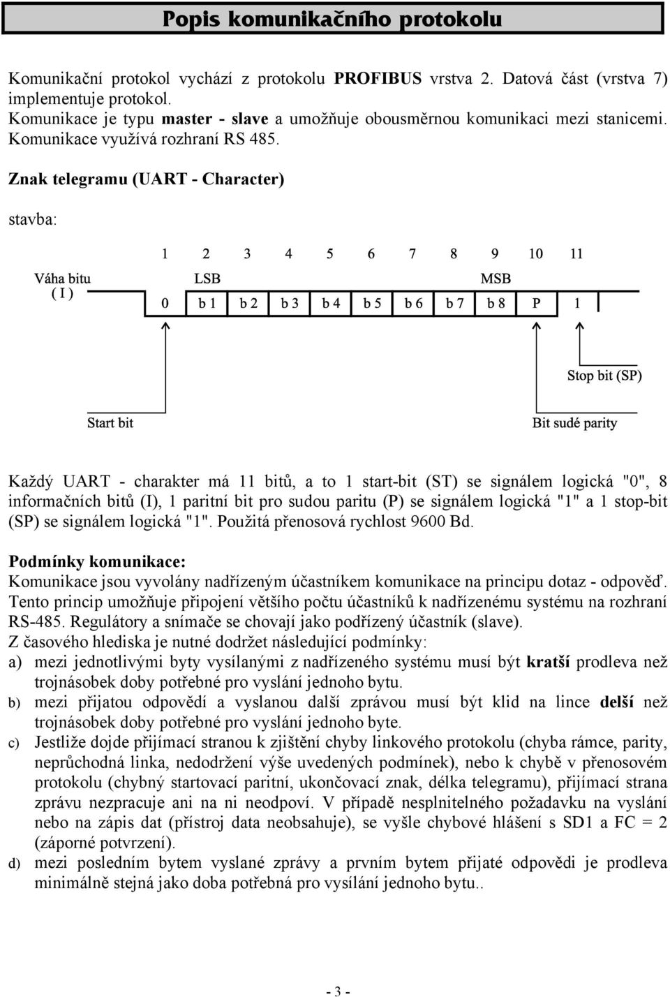 Znak telegramu (UART - Character) stavba: Každý UART - charakter má 11 bitů, a to 1 start-bit (ST) se signálem logická "0", 8 informačních bitů (I), 1 paritní bit pro sudou paritu (P) se signálem