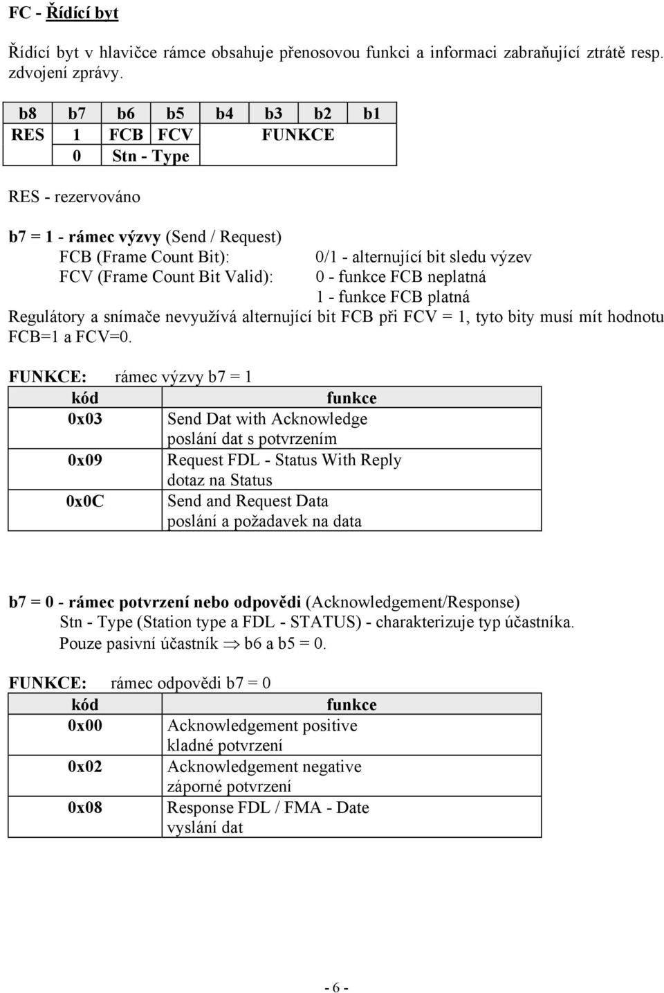 funkce B neplatná 1 - funkce B platná Regulátory a snímače nevyužívá alternující bit B při V = 1, tyto bity musí mít hodnotu B=1 a V=0.