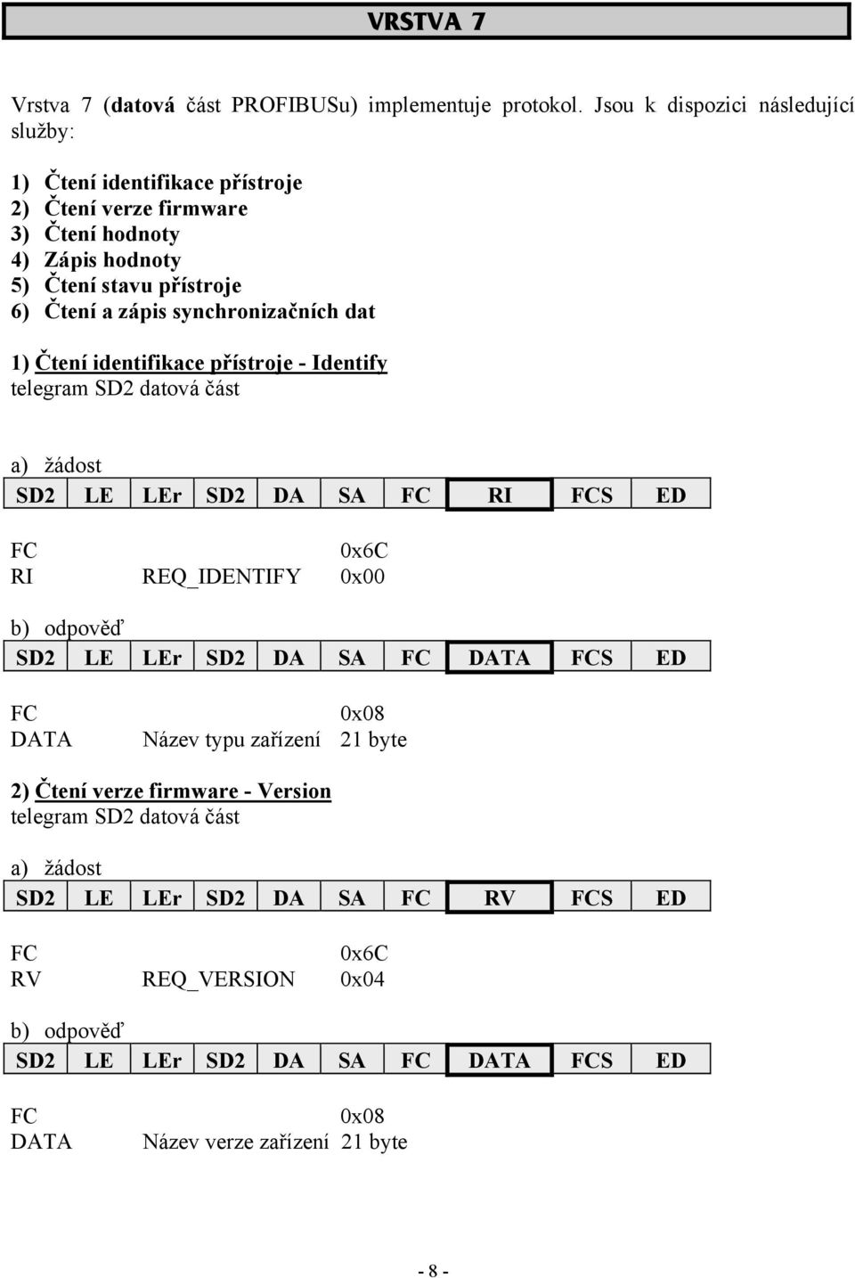 synchronizačních dat 1) Čtení identifikace přístroje - Identify telegram SD2 datová část a) žádost SD2 LE LEr SD2 DA SA RI S ED 0x6C RI REQ_IDENTIFY 0x00 b) odpověď SD2