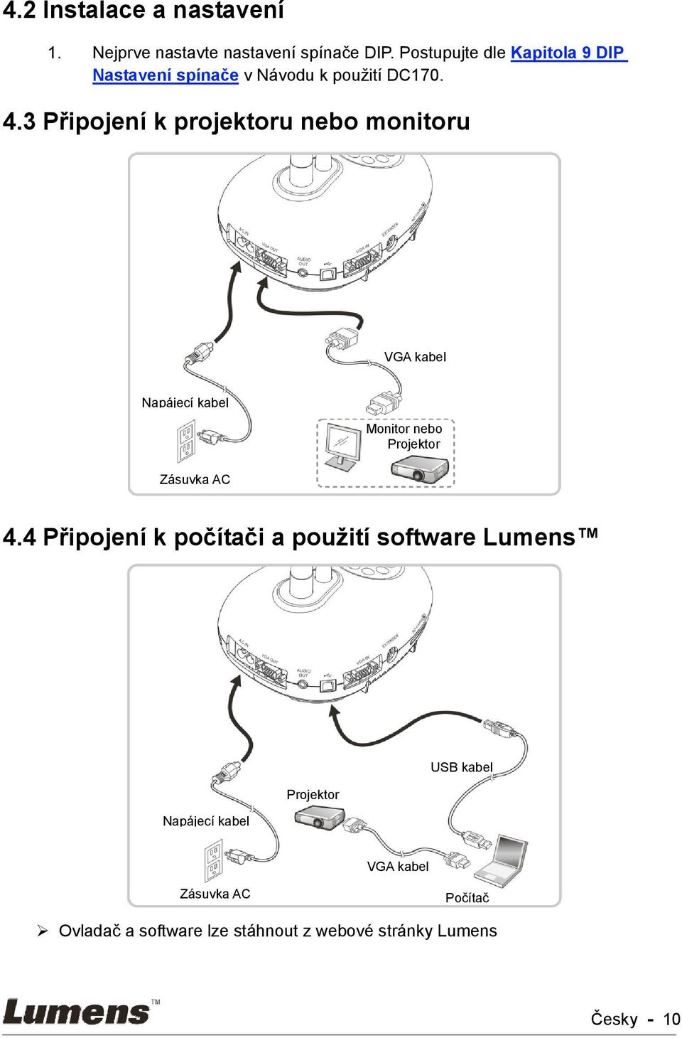 3 Připojení k projektoru nebo monitoru VGA kabel Napájecí kabel Zásuvka AC Monitor nebo Projektor 4.