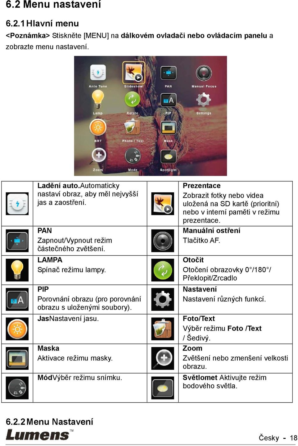 JasNastavení jasu. Maska Aktivace režimu masky. MódVýběr režimu snímku. Prezentace Zobrazit fotky nebo videa uložená na SD kartě (prioritní) nebo v interní paměti v režimu prezentace.
